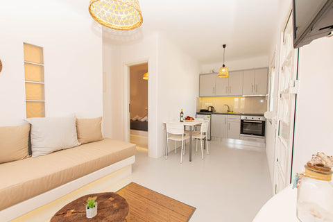 This fully equipped suite features a bedroom with a double bed, a living room wi  Suite up to 3, Overview Mykonos Apartments Entire rental unit vacation rental 49717484