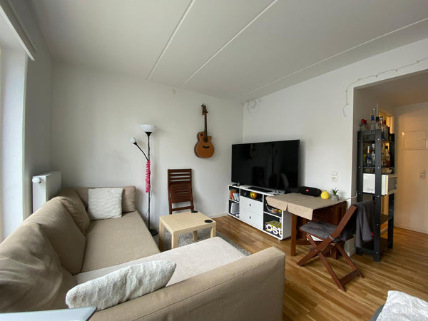 A cozy studio apartment with a queen-size bed, an L-shaped couch and a 65-inch ( Copenhagen, Denmark Cozy studio in a lively neighborhood in Copenhagen Entire rental unit vacation rental 22023109
