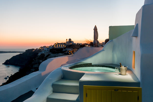 Live the dream in an elegant and modern, island villa with a veranda high above  Oia, Greece Villa Avra-Private villa with hot tub-Caldera View Entire villa vacation rental 38945202
