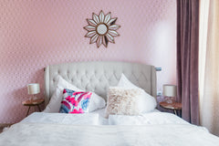 Awaken in an elegant bedroom with lush bed linens, intriguing patterned wall cov Prague, Czechia Renovated Art Deco Apartment in the Medieval City Center Entire rental unit vacation rental 29376261