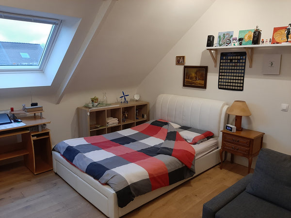 De slaapkamer bevindt zich op de 2 verdieping van een rijwoning.<br /><br />Perf Merelbeke, Belgium Ruime charmante dakkamer dichtbij Gent met bureau. Private room in townhouse vacation rental 505692791514808497