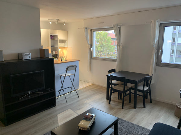 Charmant studio de 34 m² meublé au cinquième étage d'un immeuble récent vue sur  Paris, France Buttes Chaumont grand studio lumineux calme métro Entire rental unit vacation rental 19559778