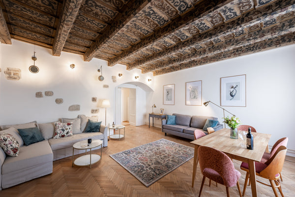 This beautiful 3-bedroom apartment is located in the most enchanting part of the Prague, Czechia Large and elegant Old town apt with wooden ceiling Entire condo vacation rental 659123446195591148