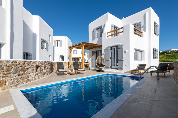 Black Villa consists of two double bedded rooms and 2 bathrooms, one of those is  Black Villa - Naxian Sunset Villas complex Cycladic home vacation rental 43040349