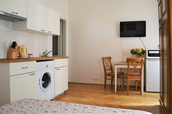A bright and comfortable studio apartment equipped with a double bed, a wardrobe Prague, Czechia Good apartment Orebitska Entire rental unit vacation rental 602610766779913567