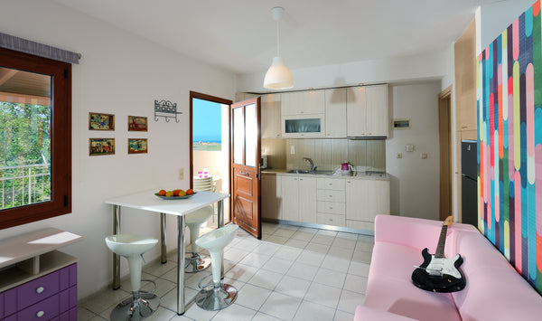 An apartment for two. A space designed in a pop mood. Colourful scenery for a me Heraklion, Greece Charming retro studio with shared pool and view Entire rental unit vacation rental 11206649