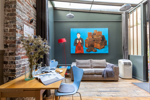 Bold blue-and-white artwork and design details define this former leather worksh Paris, France Fashion Studio Near the Historic Marais District Entire rental unit vacation rental 5096909