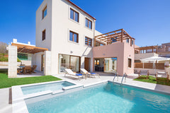 Villa Theasis I is a new 4-bedroom Villa with a private pool and five bathrooms, Chania, Greece Villa Theasis I, 4 BD, 5 BA, 300m from sandy beach Cycladic home vacation rental 33443084