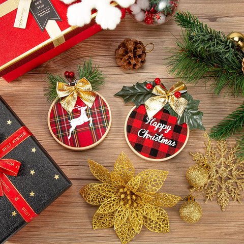 12 Pack Christmas Ornament DIY Craft Kit Includes 3 Inch Bamboo Embroidery Hoops, Christmas Plaid Fabric, Mini Pine Cones, Artificial Pine Needle and Small Berries for Christmas DIY Decor