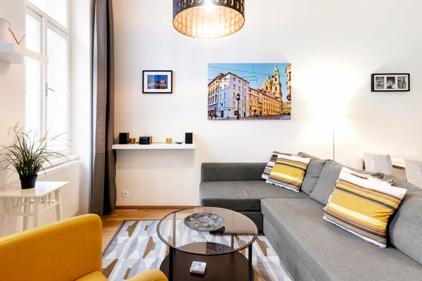 Vibrant colours mix with soft greys and natural textures to highlight the design Prague, Czechia Beautiful Apartment with Private Terrace in Central Prague Entire rental unit vacation rental 4646506