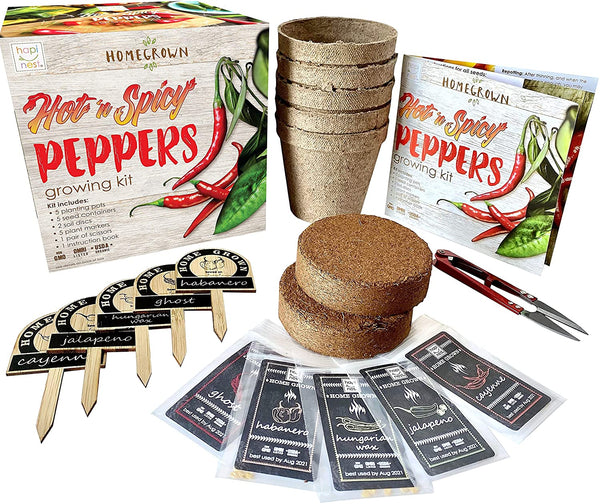 Indoor Hot and Spicy Pepper Garden Seed Starter Growing Kit Gardening Gifts for Men and Women - Jalapeno, Habanero, Hungarian Yellow Wax, Ghost, and Cayenne